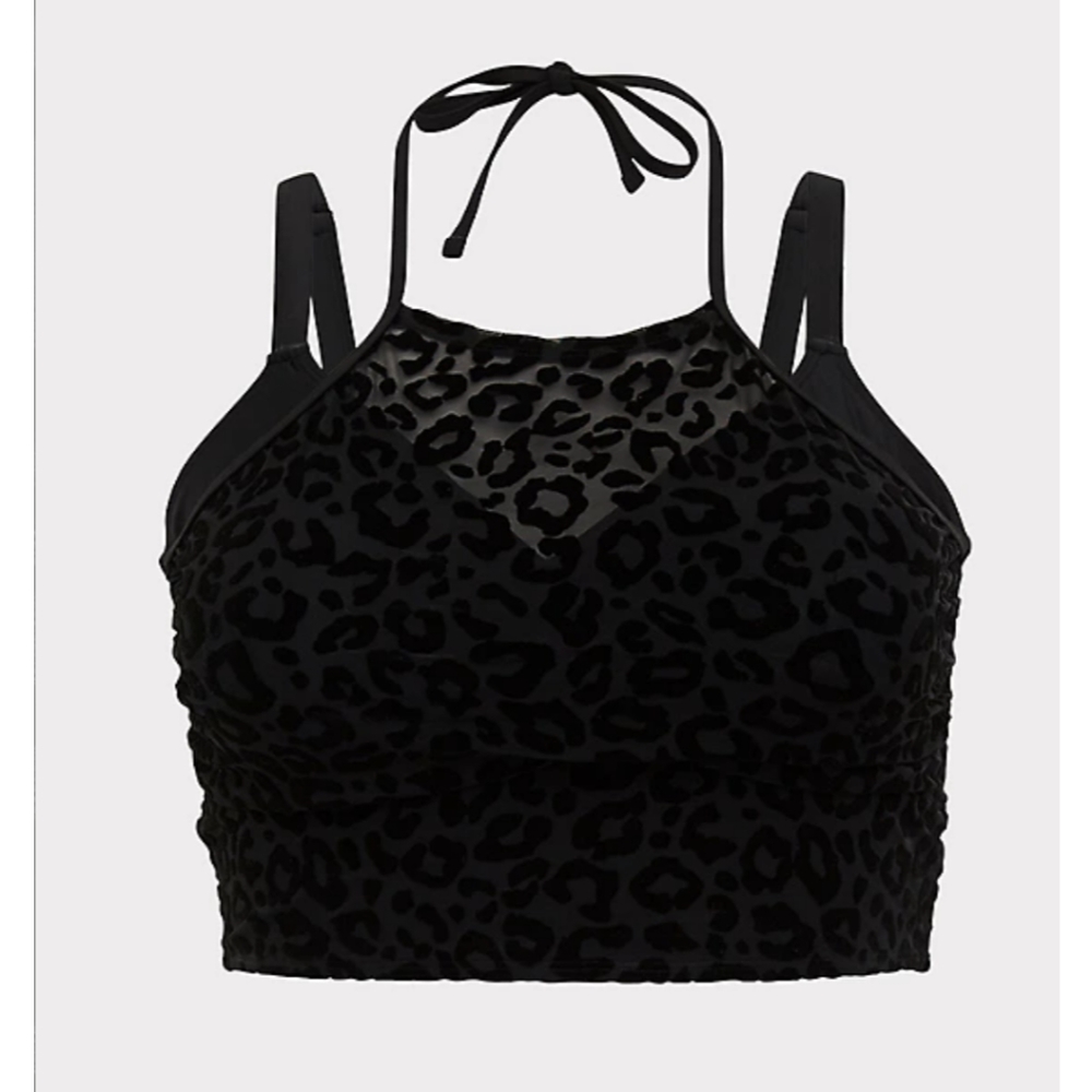 Torrid BLACK LEOPARD FLOCKED MESH LIGHTLY LINED WIRELESS HALTER BIKINI TOP